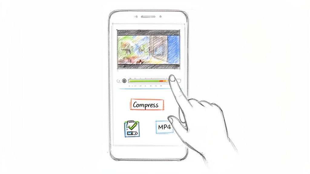 A sketch shows a hand on a smartphone screen, adjusting a video compression slider.