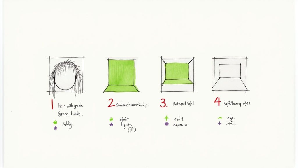 A person adjusting a light in front of a green screen, demonstrating troubleshooting.