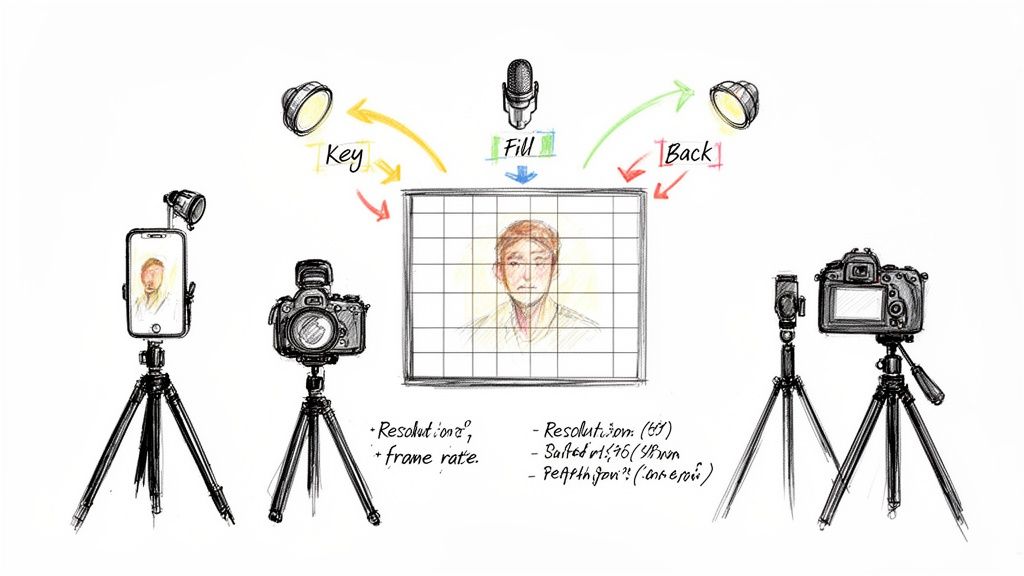Sketch showing optimal lighting (key, fill, back), audio, and camera setups for professional video production.