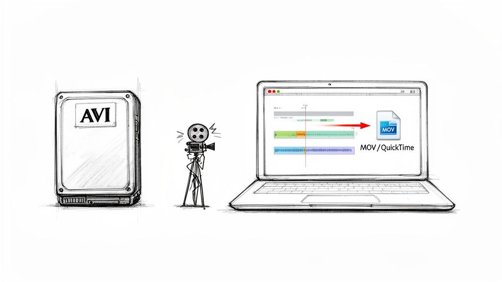 A visual guide showing an AVI source converted to MOV/QuickTime format on a laptop with a film camera.