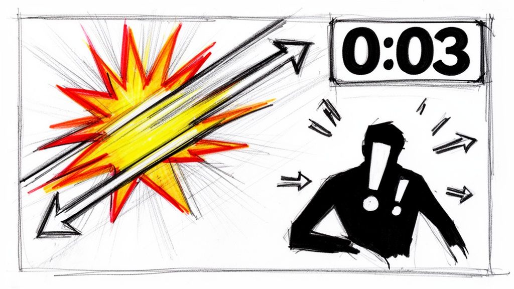 Storyboard sketch with an energetic burst, a countdown timer at 0:03, and a distressed figure.