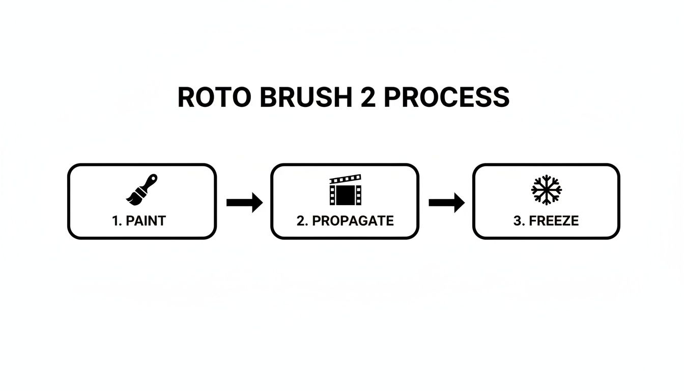 A flowchart illustrates the Roto Brush 2 process with three sequential steps: paint, propagate, and freeze.