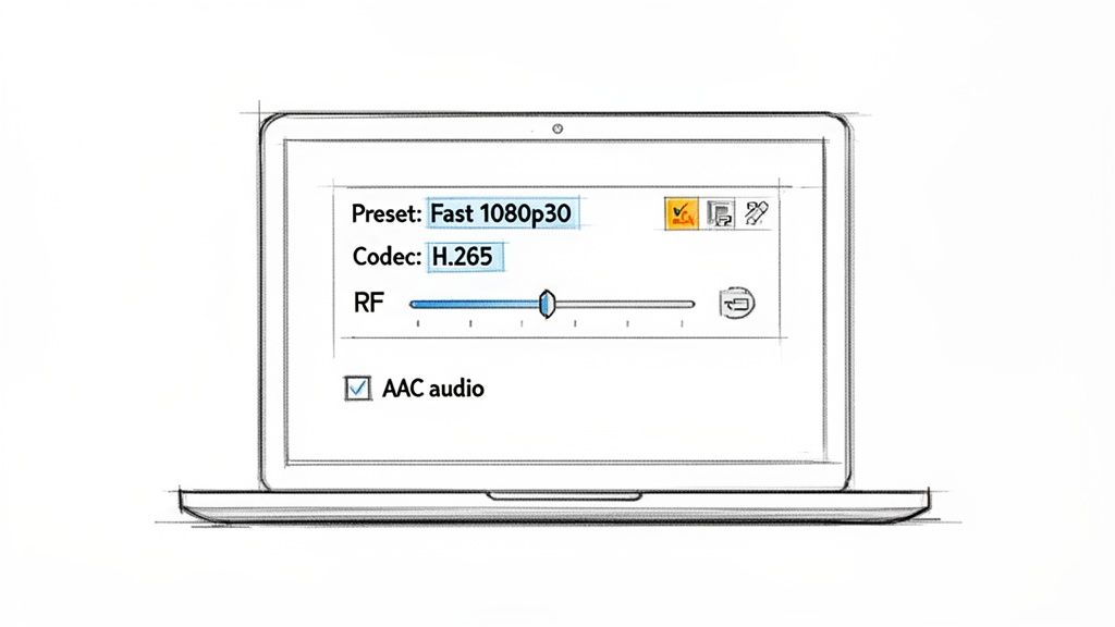 A sketch of a laptop screen displaying video compression settings with H.265 codec and 1080p30 preset.