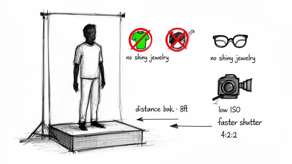 Diagram of a studio setup with a person, backdrop, and rules for clothing, camera settings, and subject distance.