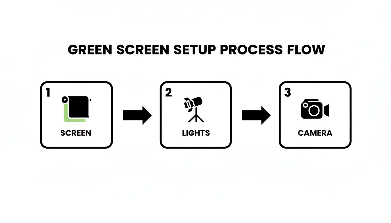 A process flow diagram illustrating the steps for a green screen setup: screen, lights, and camera.