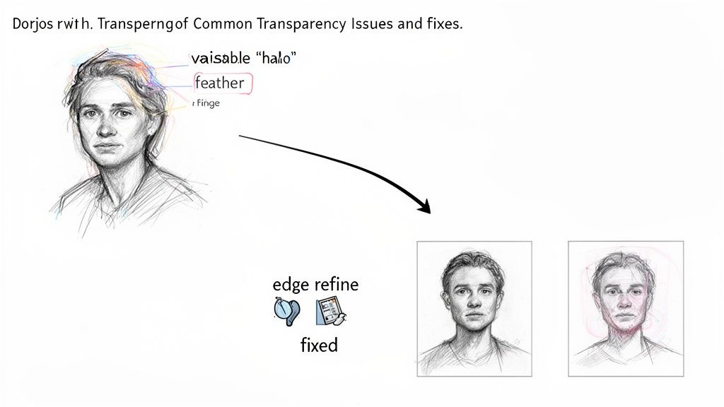 A diagram showing transparency issues like halo and feathering around hair, with refined, fixed versions.