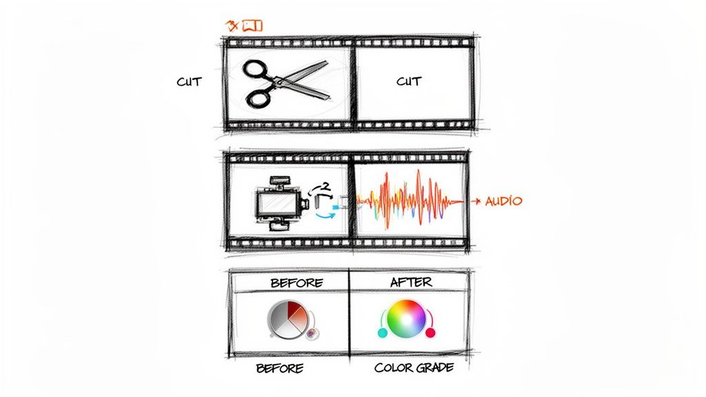 Illustration of video editing steps, including cutting film, adjusting audio waveforms, and color grading.