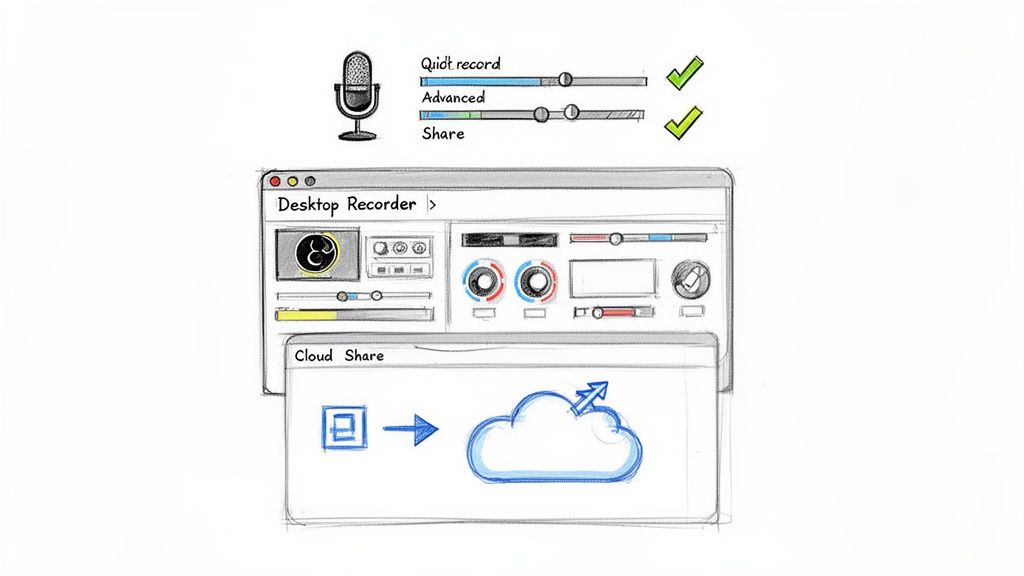 A hand-drawn sketch depicting a desktop recorder application interface with recording and cloud sharing options.