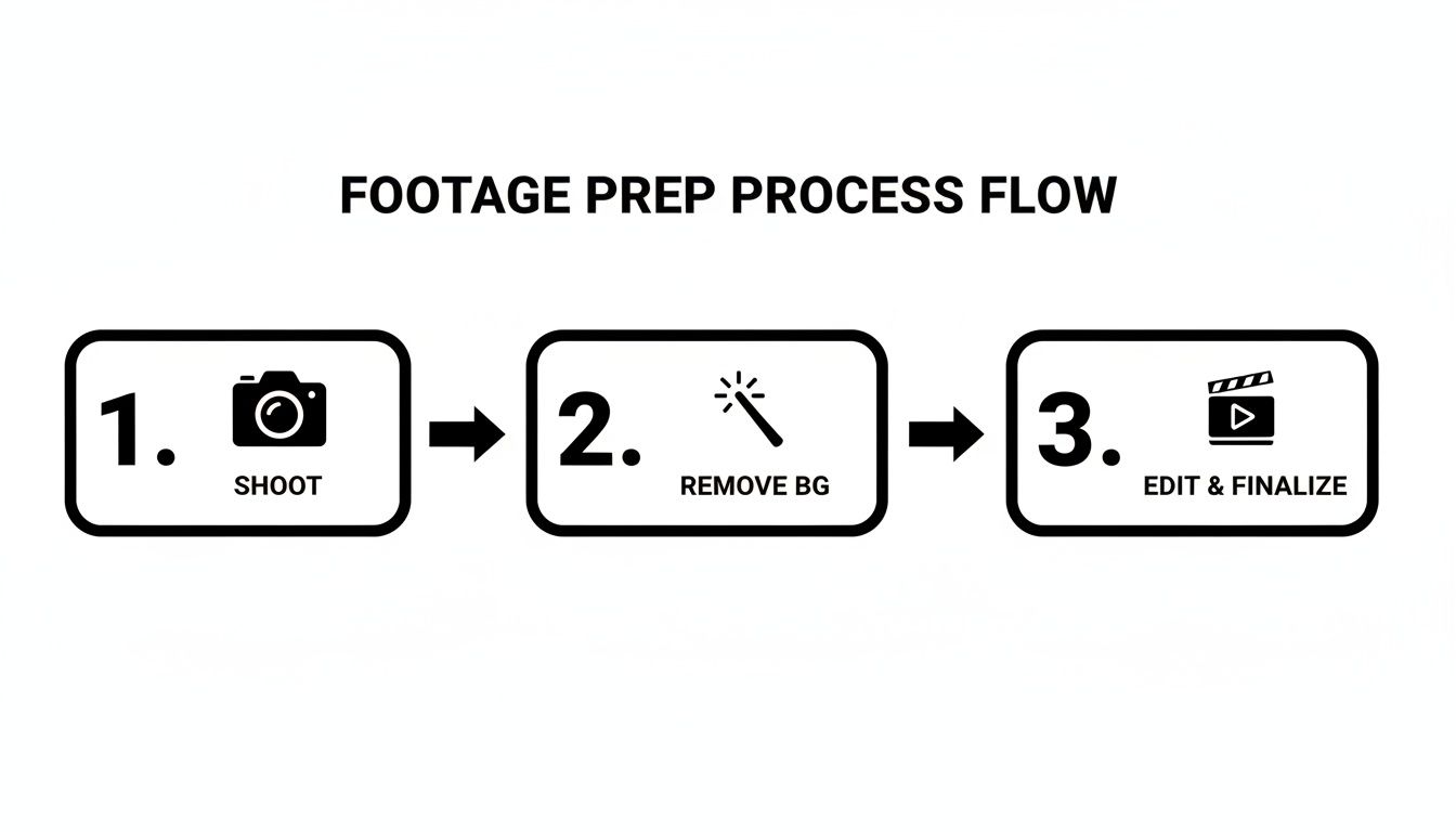 A three-step footage preparation workflow including shooting, background removal, and editing.