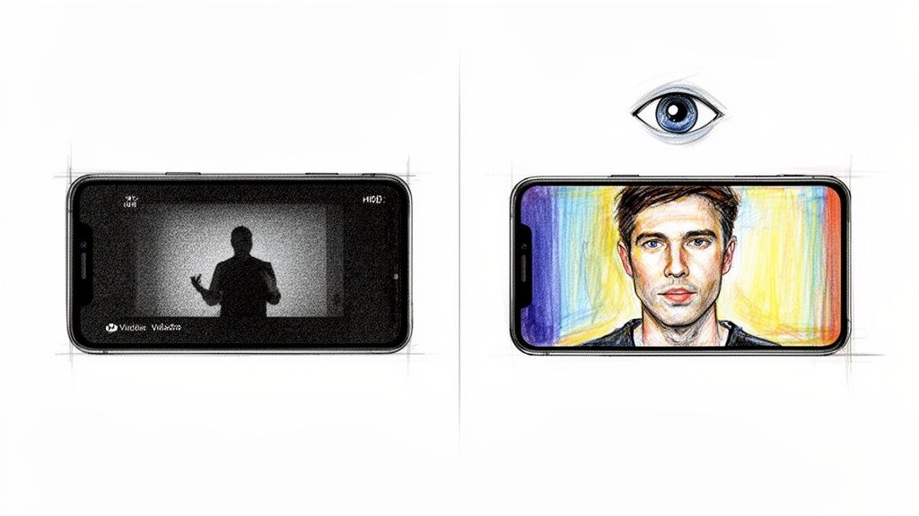 Digital illustration comparing a blurry video on one phone with a sharp, colorful portrait on another, with an eye above.
