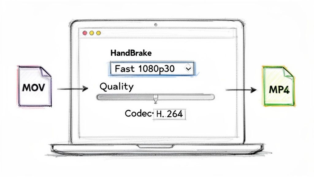 A diagram showing a MOV file being converted to an MP4 file using HandBrake on a laptop.