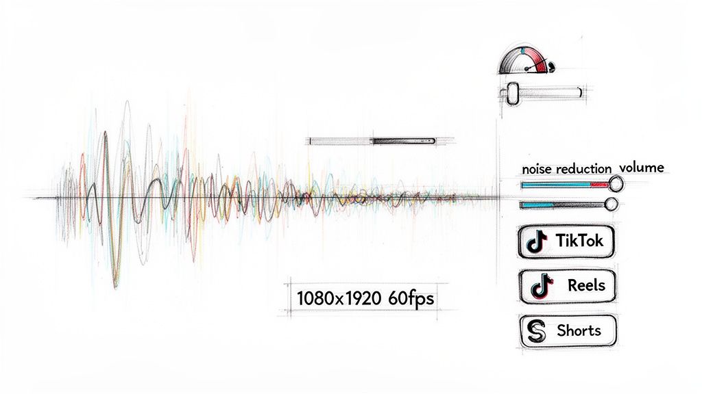 A sketch showing sound waves, video resolution settings, noise reduction sliders, and social media platform buttons.