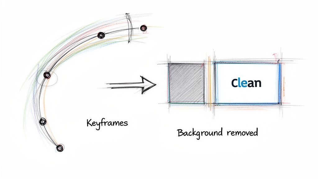 A hand-drawn sketch illustrating video editing concepts: keyframes along a path transform into "Clean" output.