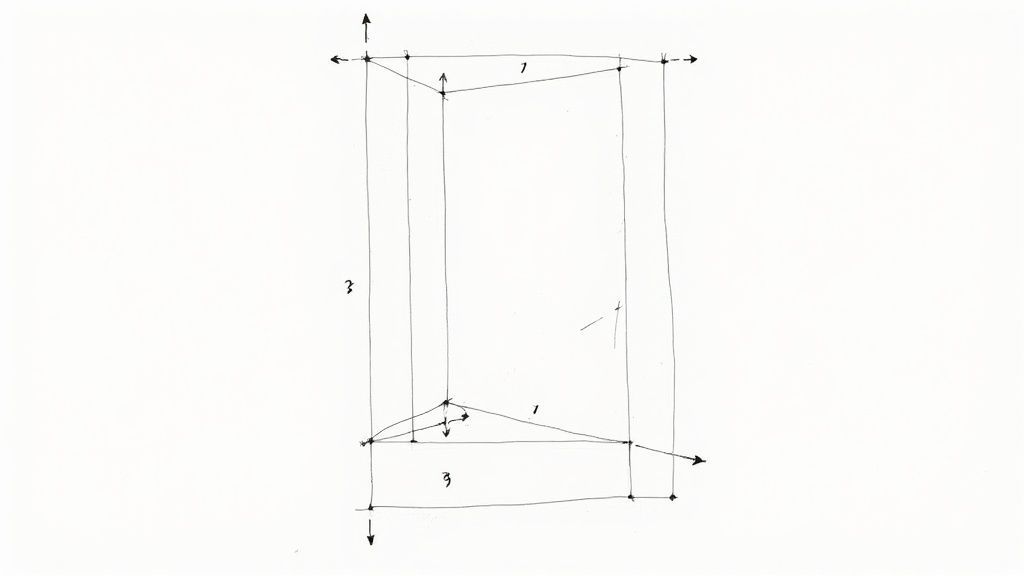A hand-drawn perspective sketch of a rectangular prism with dimension labels 1 and 3, and directional arrows.