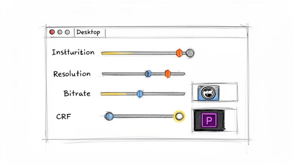 A sketch of a desktop window with sliders for video compression settings like resolution, bitrate, and CRF.