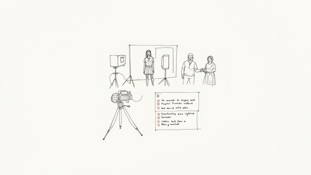 A person filming with a camera on a tripod in a well-lit room