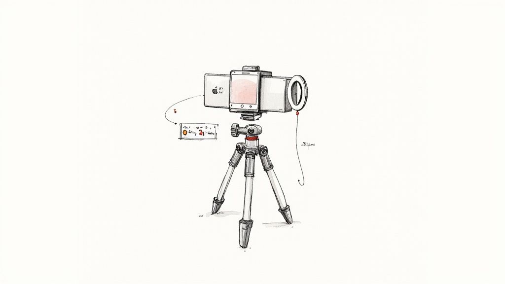 A detailed sketch of a smartphone filming setup on a tripod with a ring light and power bank.