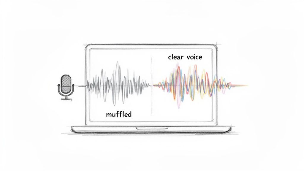 A sketched microphone inputs a muffled audio waveform into a laptop, showing it processed into a clear, vibrant voice.