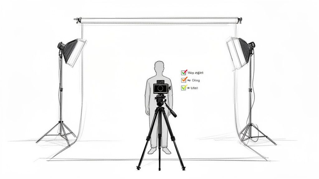 A professional studio setup with a person standing, camera on tripod, two softbox lights, and a backdrop.