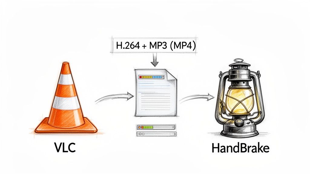 Diagram illustrating video conversion from VLC to H.264 MP3 (MP4) file format, then to HandBrake.