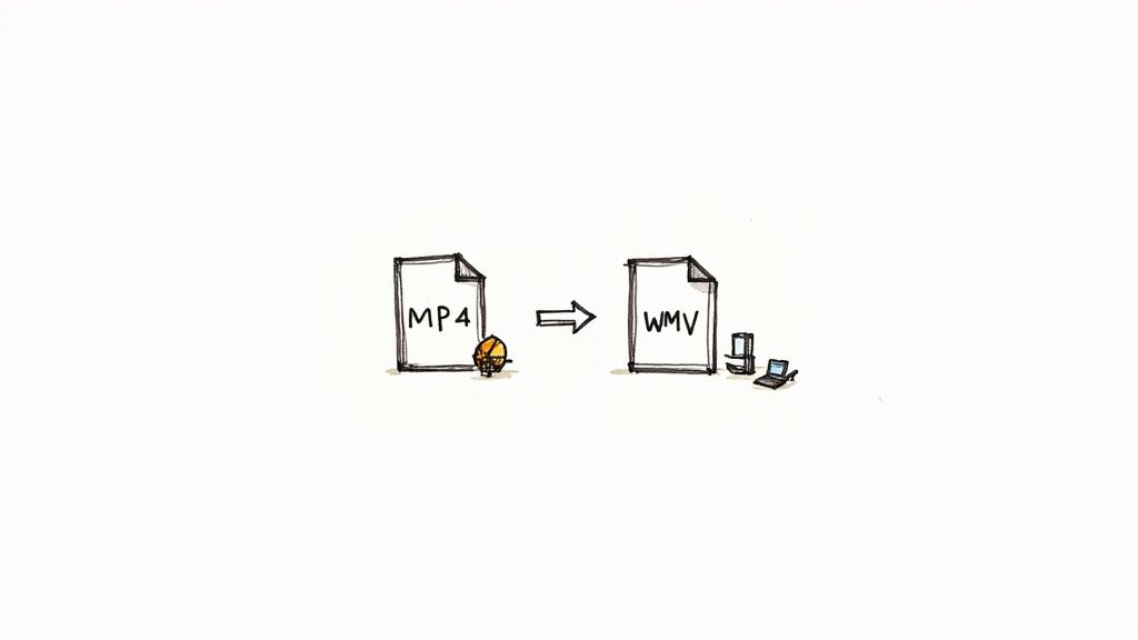 A hand-drawn illustration depicting the conversion process of an MP4 video file to a WMV format.
