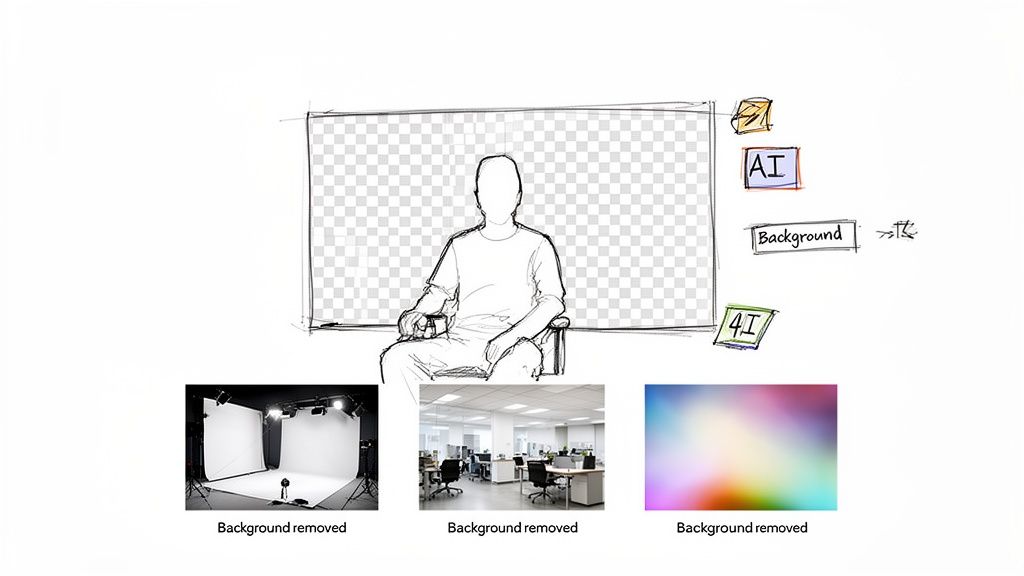 A sketch of a person with a transparent background, illustrating AI background removal for different scenes.