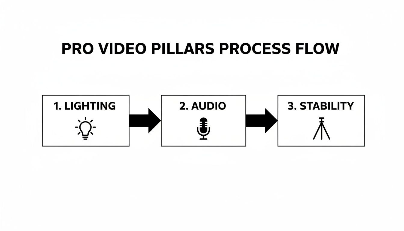 Process flow diagram illustrating key steps for professional video production: Lighting, Audio, and Stability.