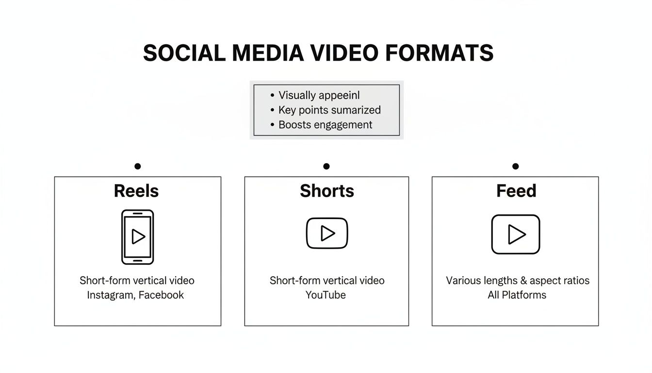 Infographic comparing social media video formats: Reels, Shorts, and Feed, highlighting characteristics and platforms.