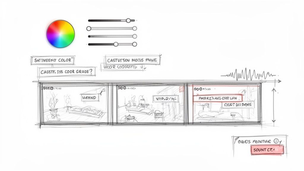 A detailed sketch of a video editing interface showing color controls, sliders, timeline, and audio waveform.