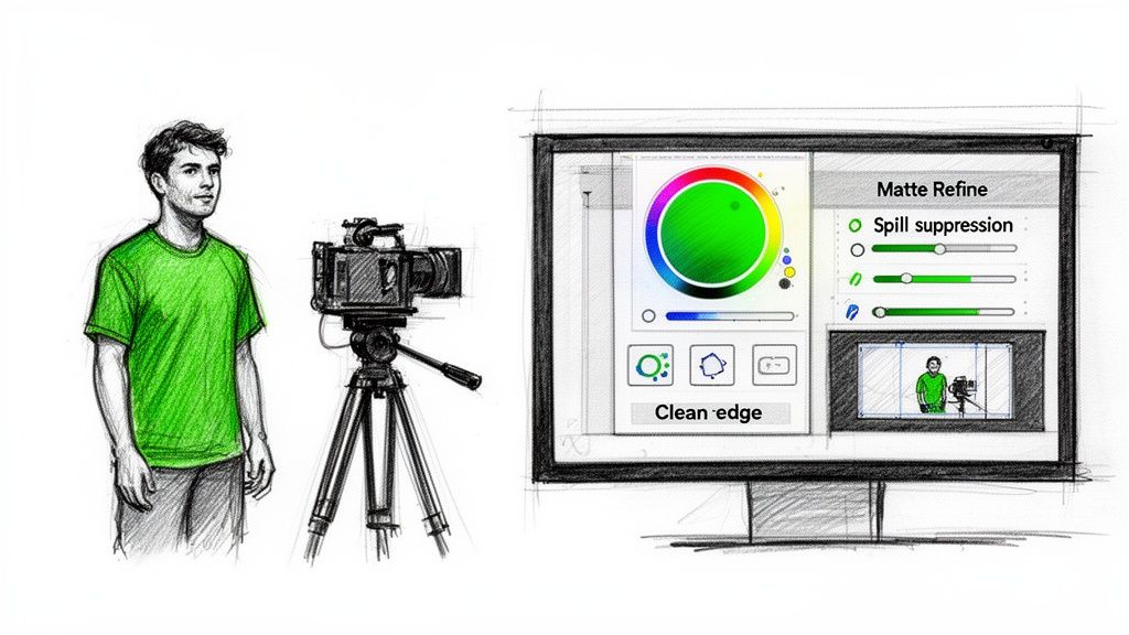 A sketch showing a man in a green shirt, a camera, and a monitor with green screen editing software.