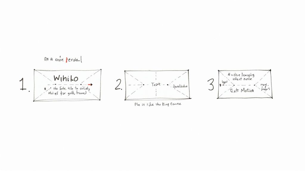 Hand-drawn diagrams illustrating three different design layouts for text and graphics within rectangular frames.