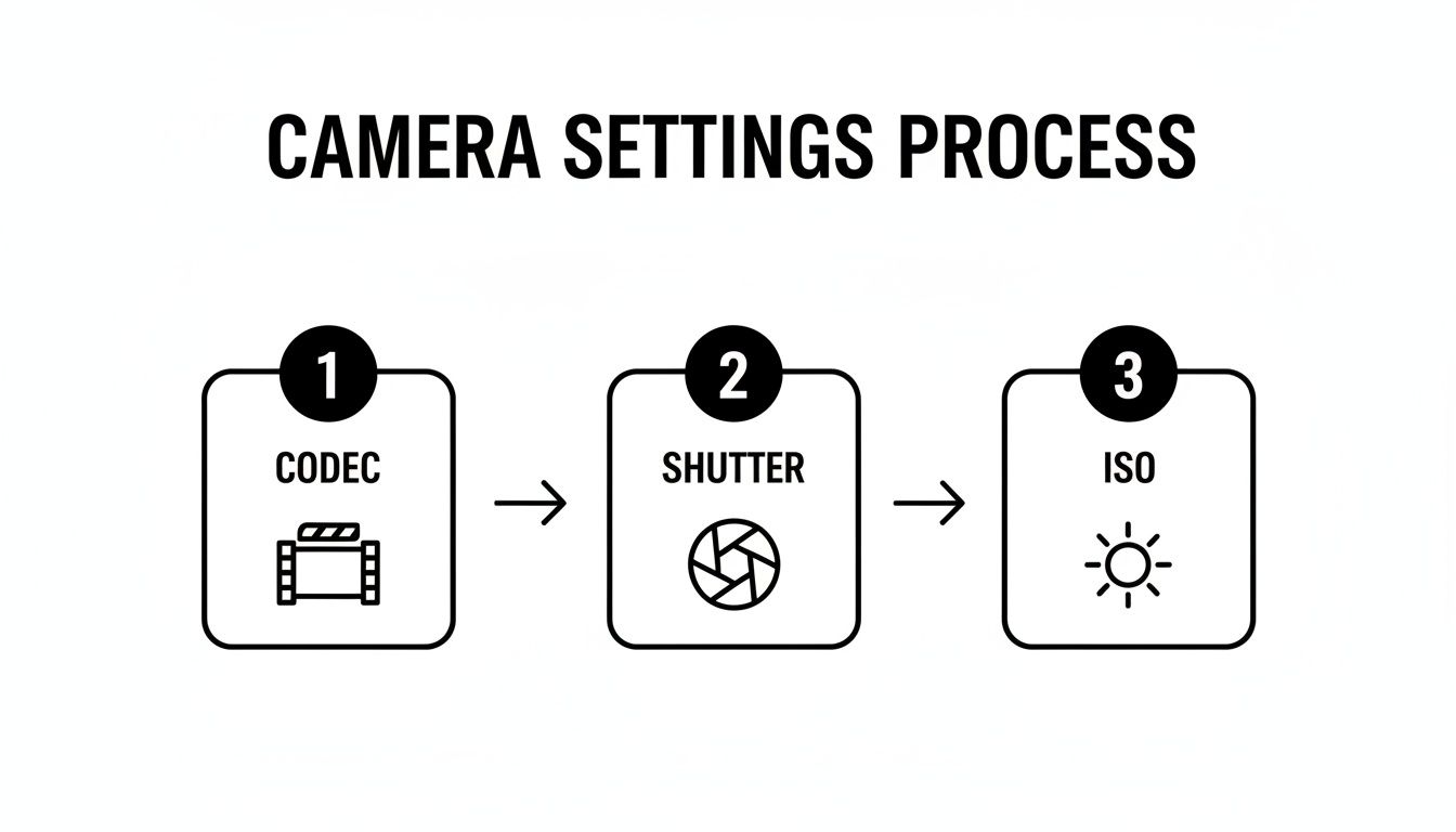 A diagram outlining the three-step camera settings process: Codec, Shutter, and ISO.