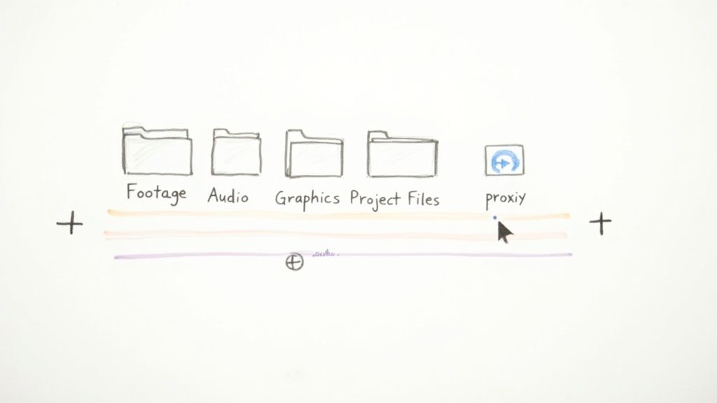 Hand-drawn folders show organized project files for video editing, including footage, audio, graphics, and proxy files.