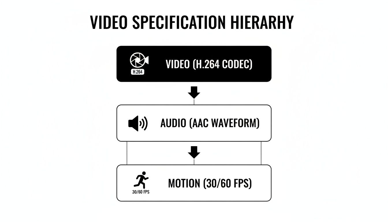 A video specification hierarchy diagram showing video (H.264), audio (AAC), and motion (30/60 FPS).