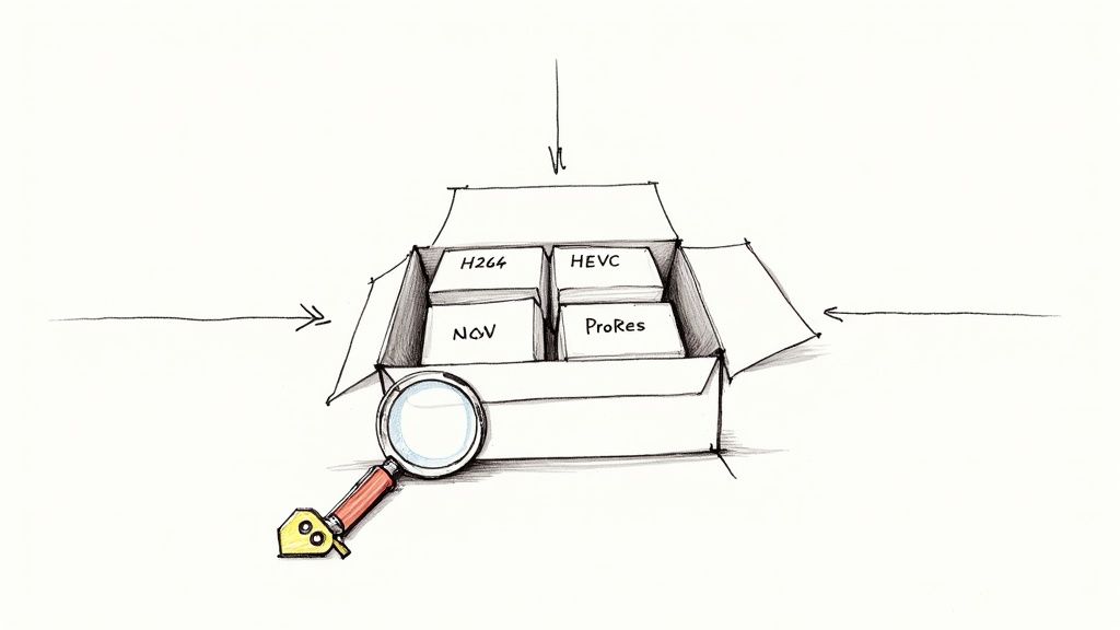 A sketch showing video codecs (H264, HEVC, MOV, ProRes) in a box with a magnifying glass.