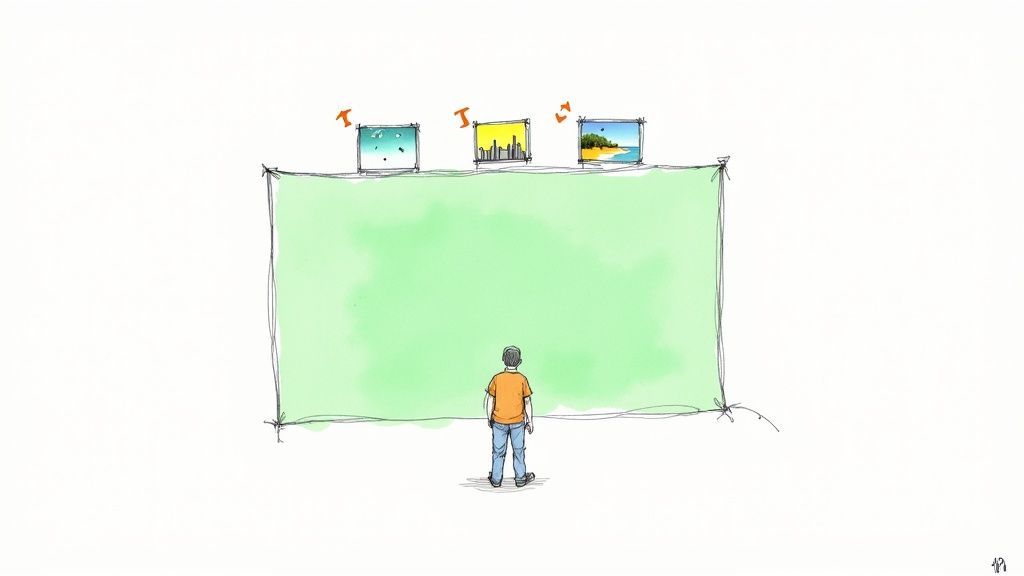 A person faces a large green screen with three small image options for backgrounds above it.