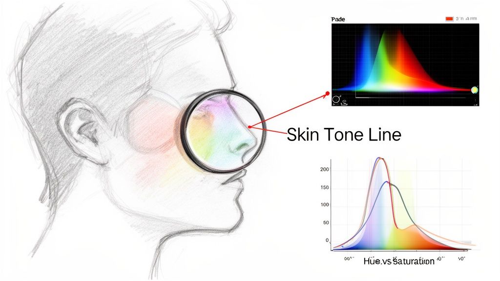 A pencil sketch of a head with a magnified nose showing a rainbow spectrum, linked to color analysis graphs for skin tone.