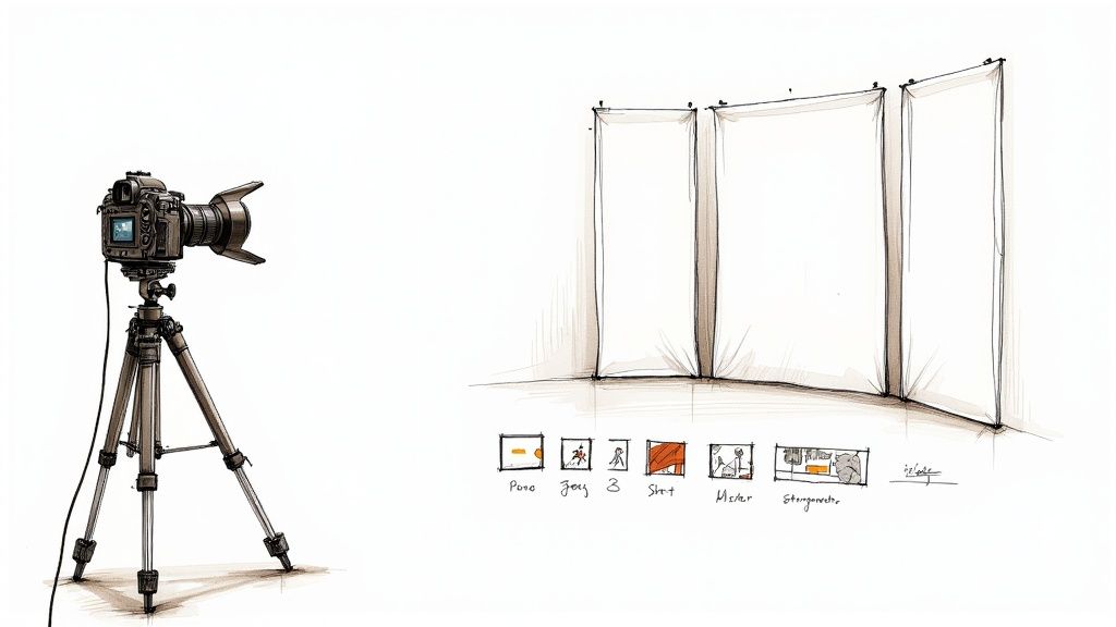 A person in dark clothing stands in front of a well-lit white wall, demonstrating good contrast for a white background video shoot.