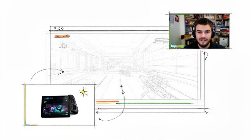 Sketch showing a video game stream with a gamer, game footage, and a connected portable gaming device.