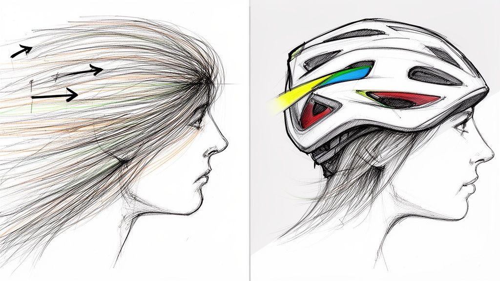 Two profile sketches show hair blowing in wind and a person wearing a modern cycling helmet with colorful accents.