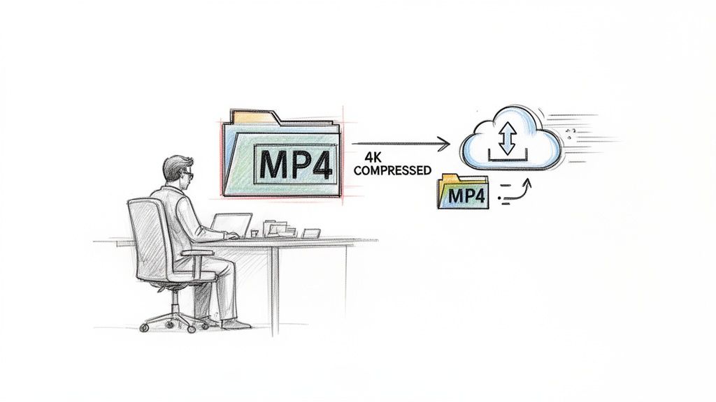 A person compresses a 4K MP4 video file and uploads it to cloud storage.