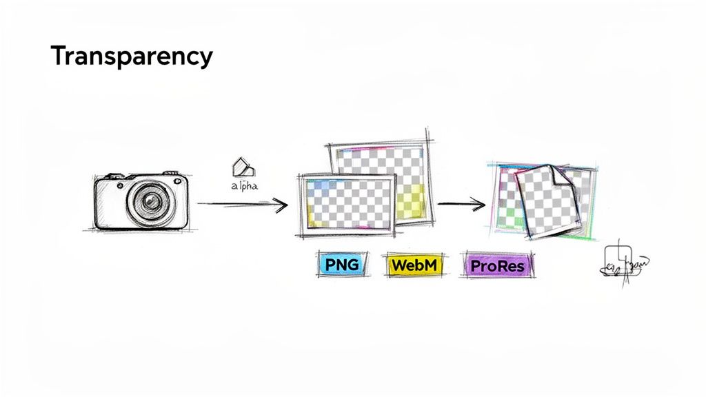Diagram showing the process of transparency from a camera through alpha channels to file formats like PNG, WebM, and ProRes.