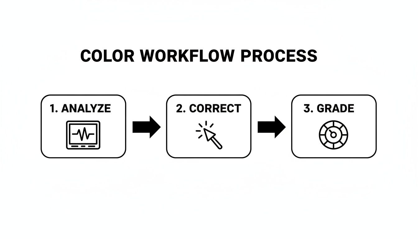 A three-step color workflow process diagram with analyze, correct, and grade stages.