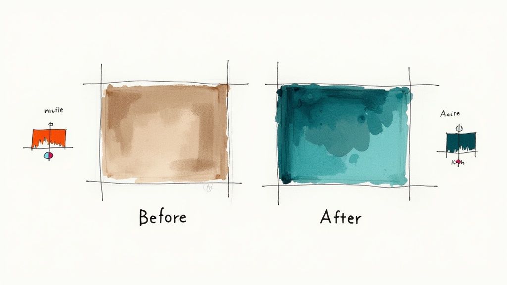 Hand-drawn illustration showing 'Before' dull brown color next to 'After' vibrant teal color.