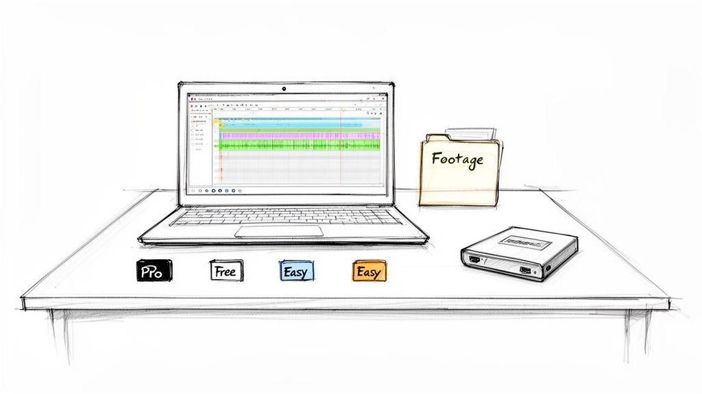 Sketch of a video editing workstation with a laptop, footage folder, and external hard drive.