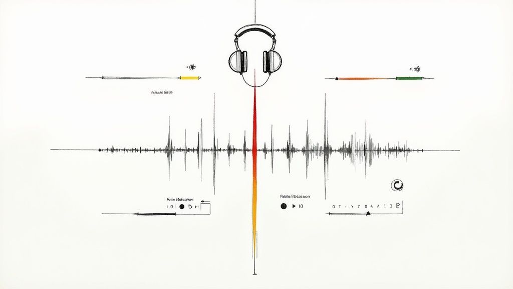 An artistic illustration of sound waves with headphones, suggesting audio processing or playback.
