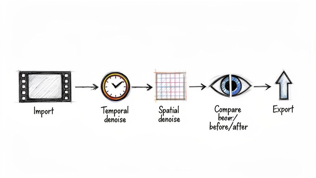 A workflow diagram showing steps: Import, Temporal denoise, Spatial denoise, Compare, and Export.