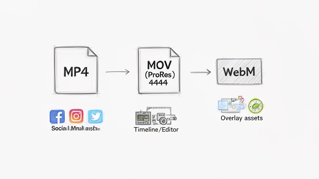 Diagram illustrating a video file conversion workflow from MP4 for social media to MOV (ProRes) 4444 for editing, then to WebM with overlay assets.