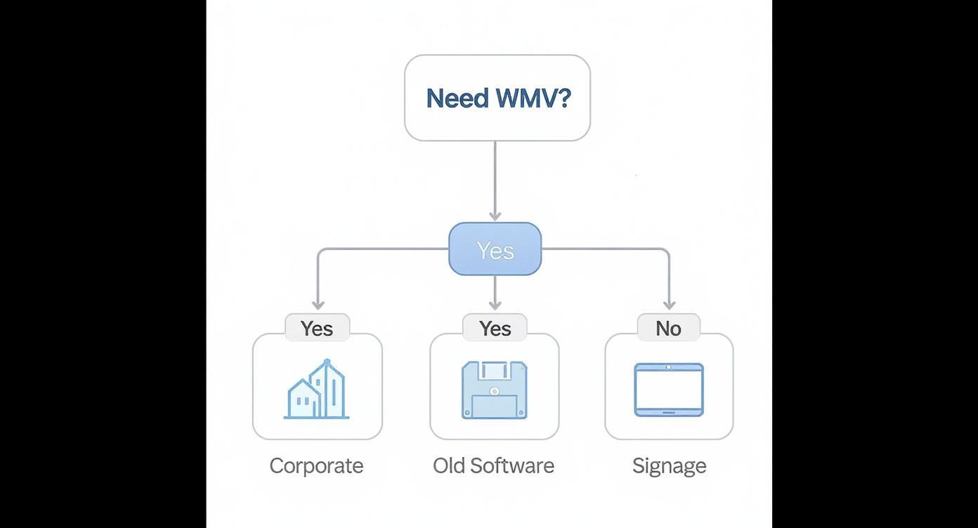 Flowchart showing scenarios for needing WMV: corporate, old software, and signage.