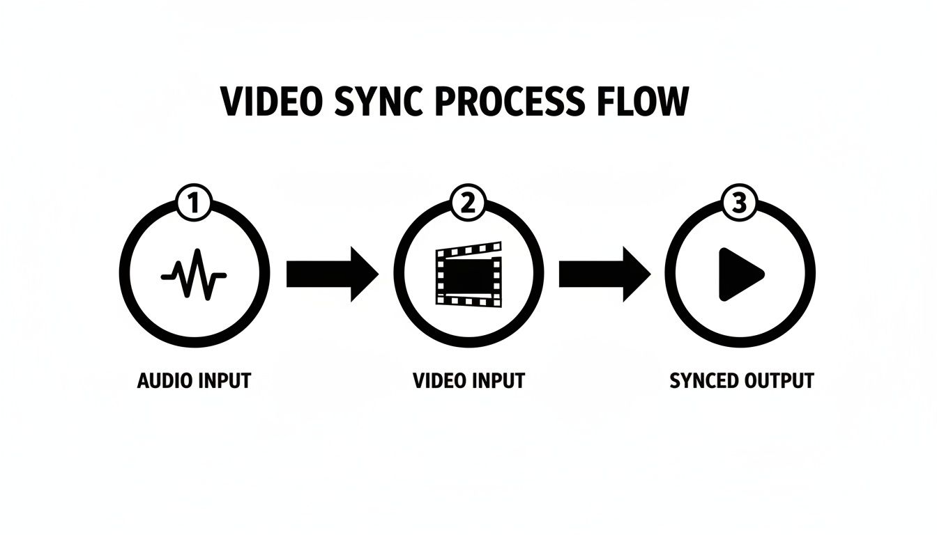 A flow diagram illustrating the video sync process from audio and video input to a synced output.